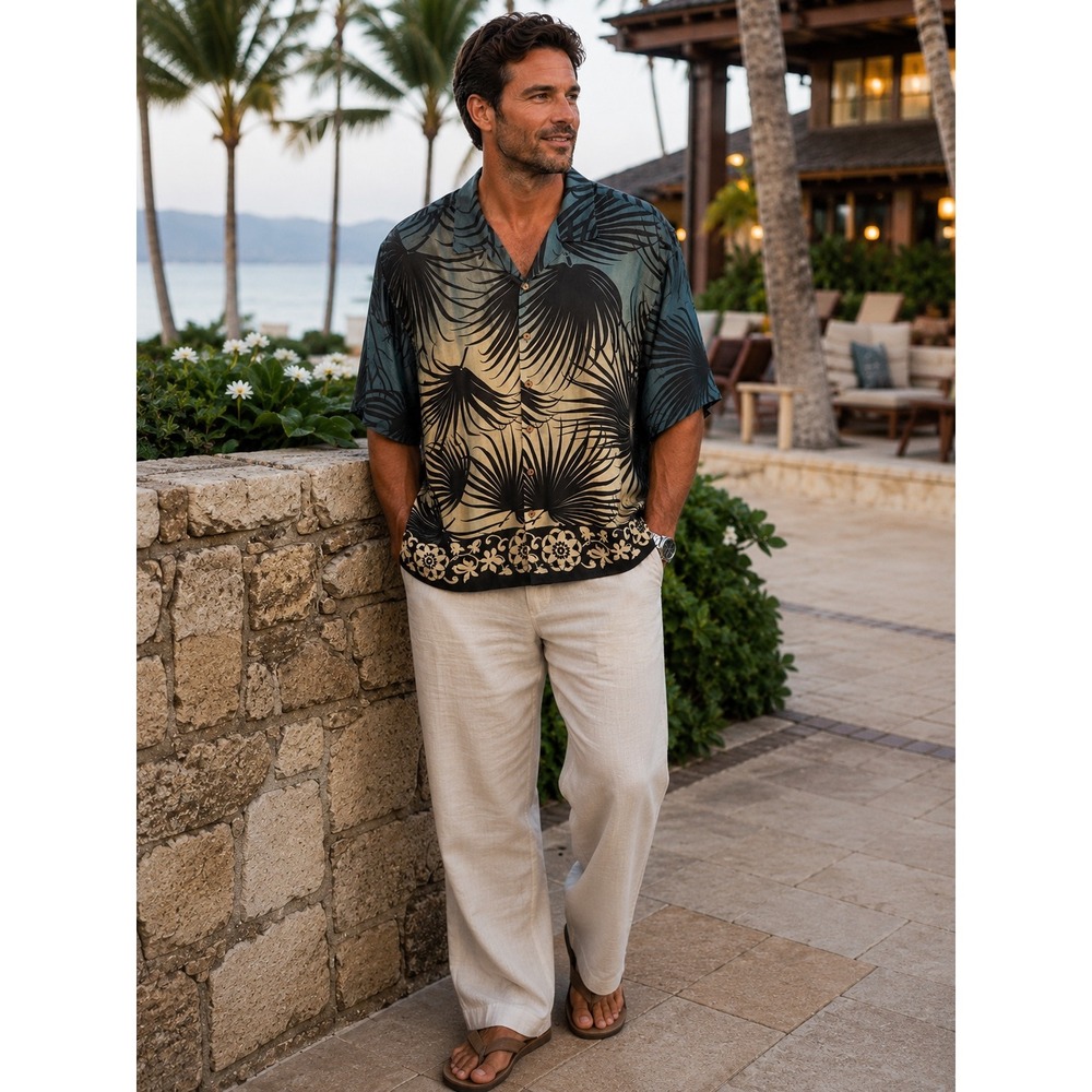 Tommy Bahama‎ Men's 100% Silk Hawaiian Camp Shirt Size Large Tropical Palm Print